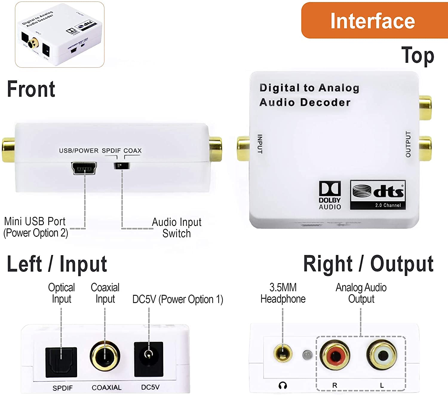 J-Tech Digital Optical SPDIF/Coaxial to RCA L/R Analog Audio Converter with 3.5mm Jack for Headphones/Speakers - Premium Quality